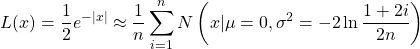 \[L(x) = \frac{1}{2}e^{-|x|} \approx \frac{1}{n} \sum_{i=1}^n N\left(x | \mu=0, \sigma^2=-2\ln \frac{1+2i}{2n}\right)\]